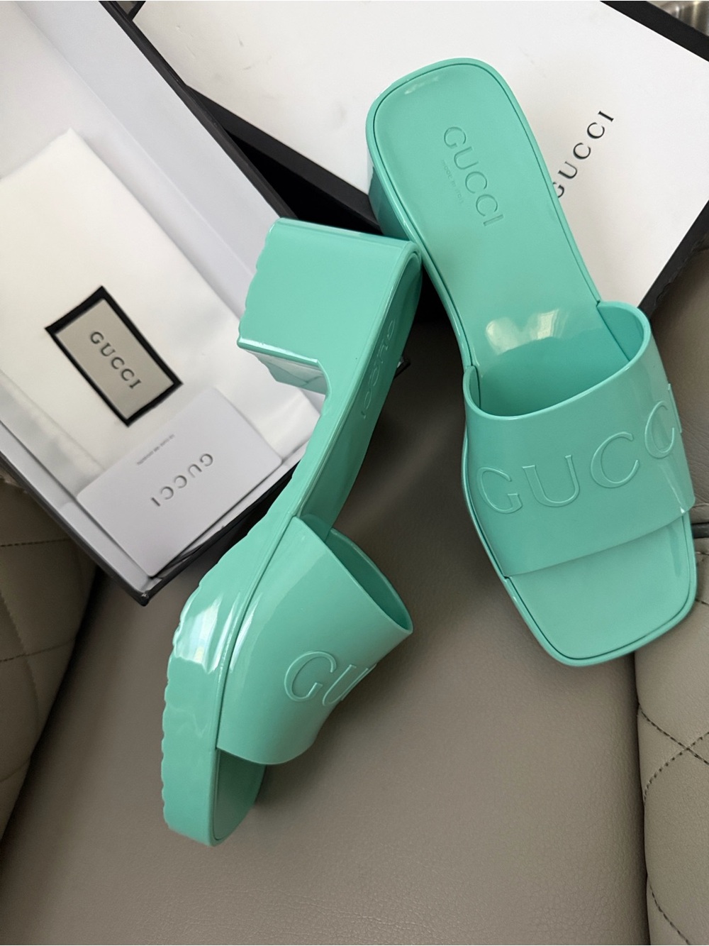 Gucci Patent Mint Green Slide Mules - Picture 11 of 16